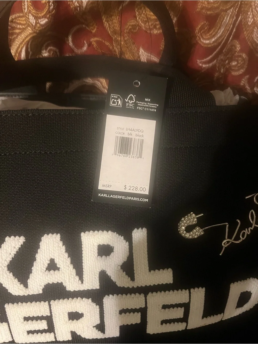 Karl Lagerfeld Black Tote with White Logo and Branded Strap